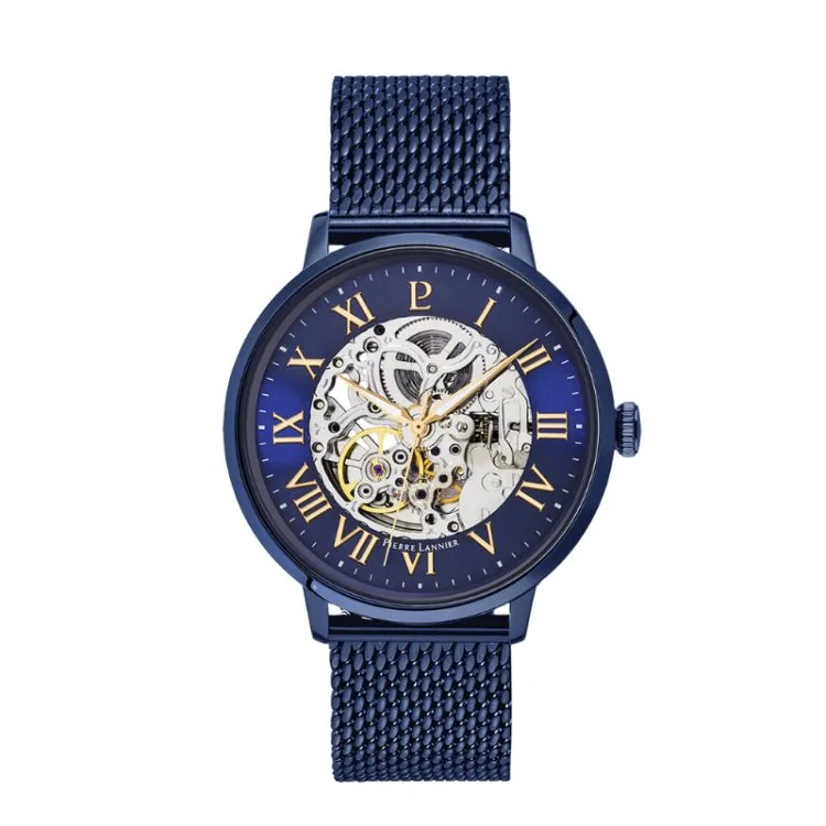 Montre Pierre Lannier Automatic squelette maille milanaise bleue automatique